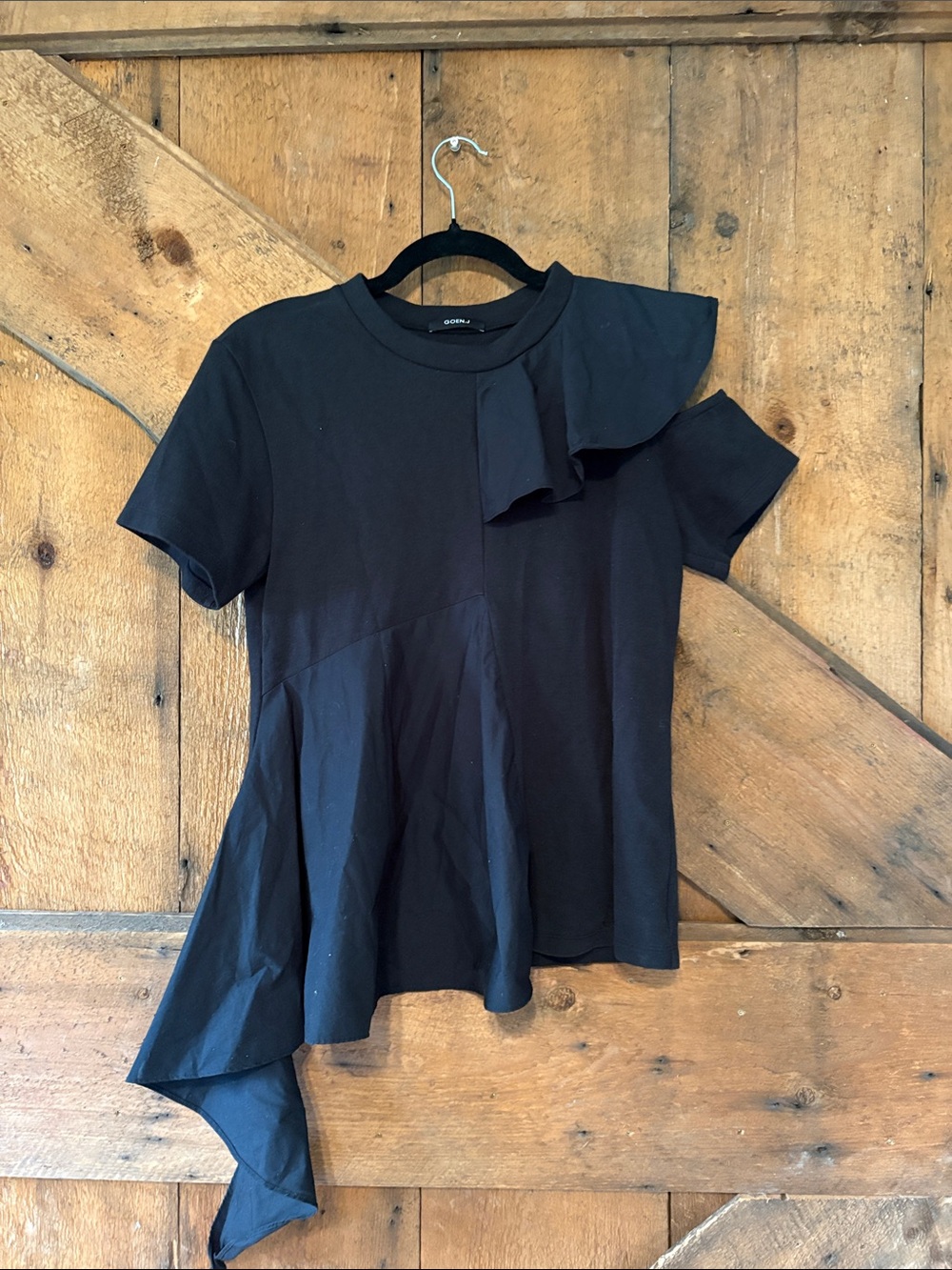 GOEN.J Black Ruffle Panel Asymmetrical Peplum Top Cotton Small US 4 UK 8‎